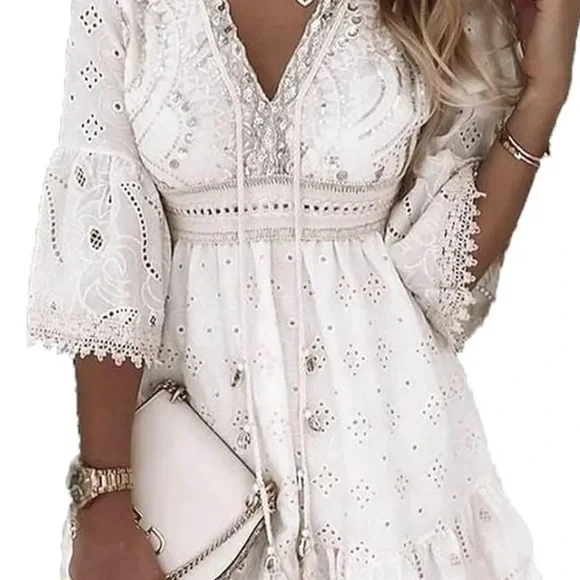 Porclay | Dresses | Porclay Womans Fringe Boho Lace V Flowy A Line Dress  Size Small White | Poshmark